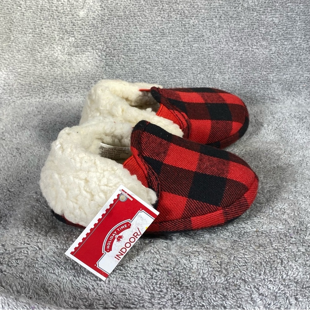 Holiday Times‎ Shoe Slippers Size 3-4 Plaid Faux Fur Slip On New